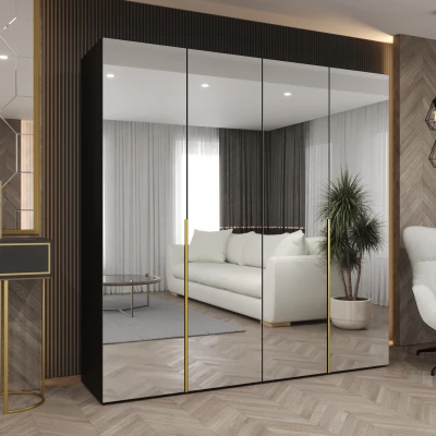 Zrcadlová šatní skříň 200 cm BUGRA - černá / zlatá