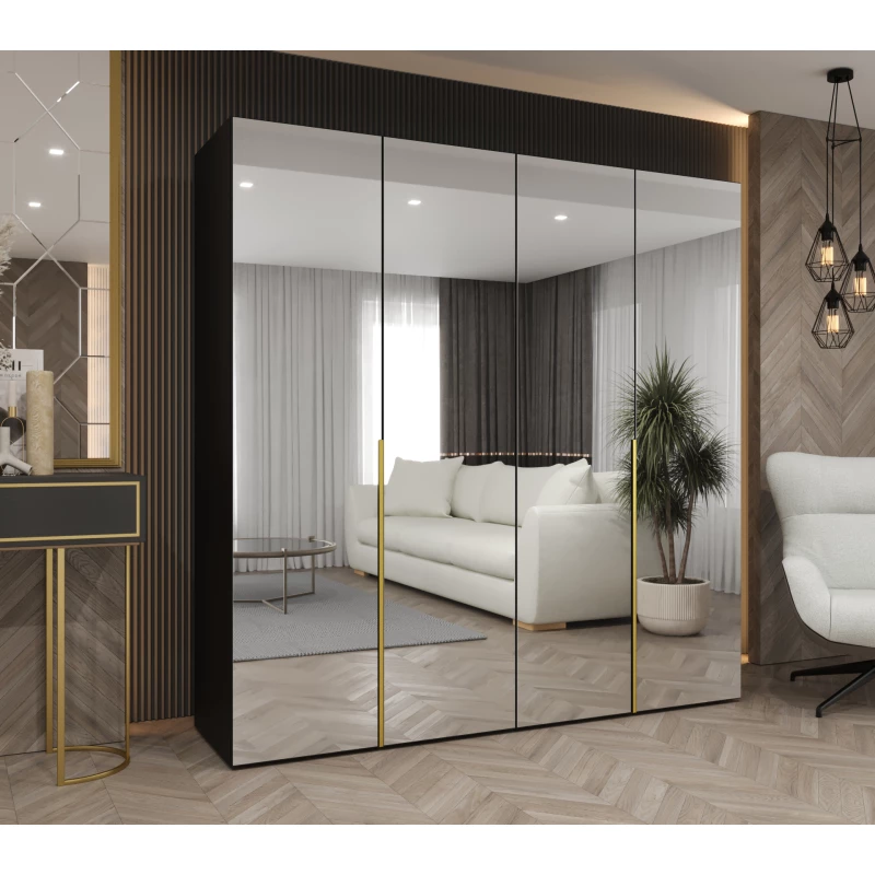 Zrcadlová šatní skříň 200 cm BUGRA - černá / zlatá