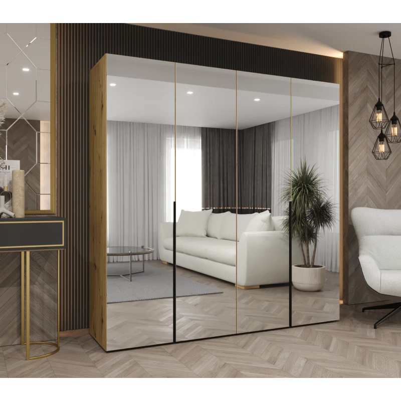 Zrcadlová šatní skříň 200 cm BUGRA - dub artisan / černá