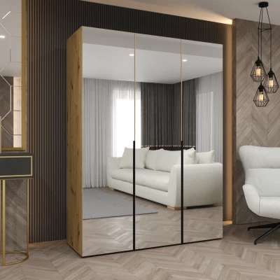 Zrcadlová šatní skříň 150 cm BUGRA - dub artisan / černá