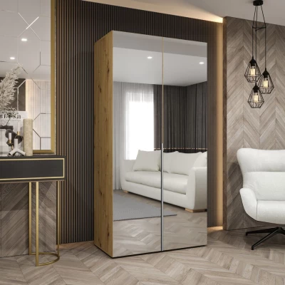 Zrcadlová šatní skříň 100 cm BUGRA - dub artisan / stříbrná