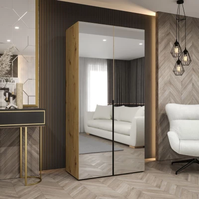 Zrcadlová šatní skříň 100 cm BUGRA - dub artisan / černá