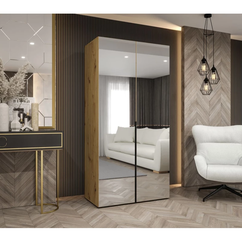 Zrcadlová šatní skříň 100 cm BUGRA - dub artisan / černá