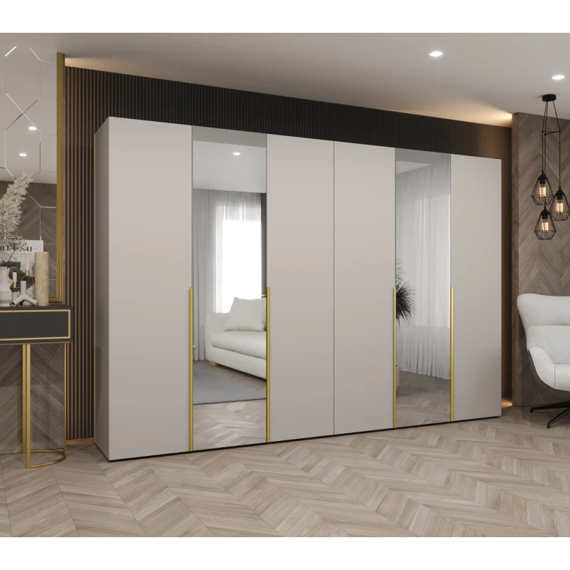 Šatní skříň 300 cm ASUDA se zrcadly - kašmír / zlatá