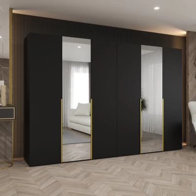 Šatní skříň 300 cm ASUDA se zrcadly - černá / zlatá