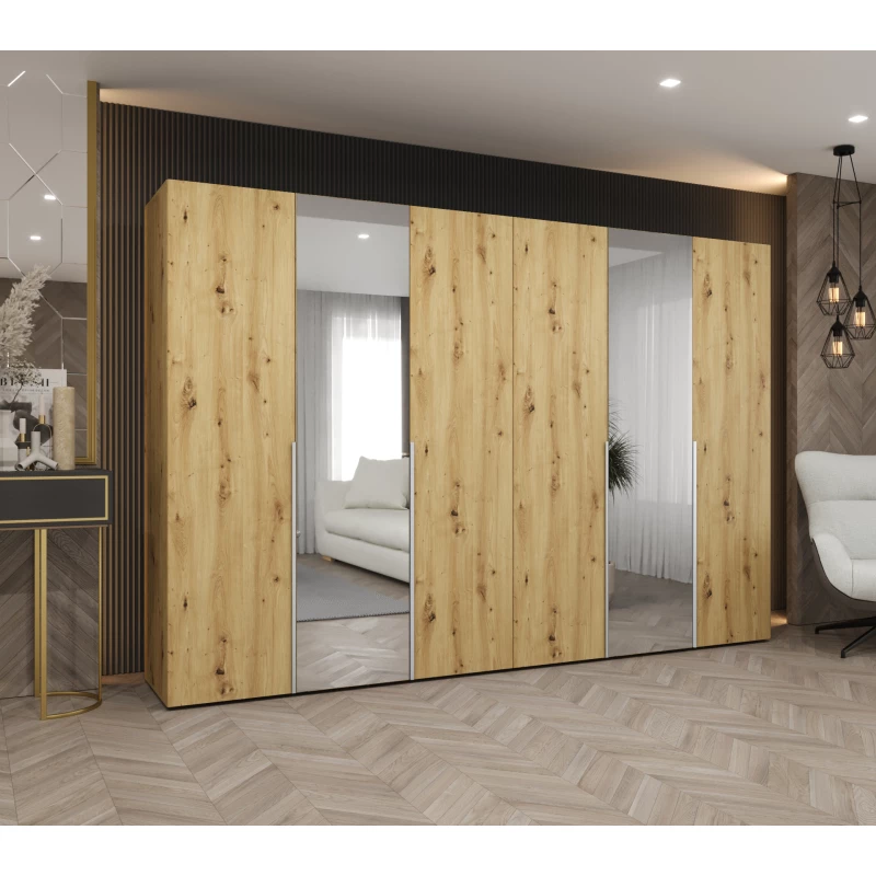 Šatní skříň 300 cm ASUDA se zrcadly - dub artisan / stříbrná