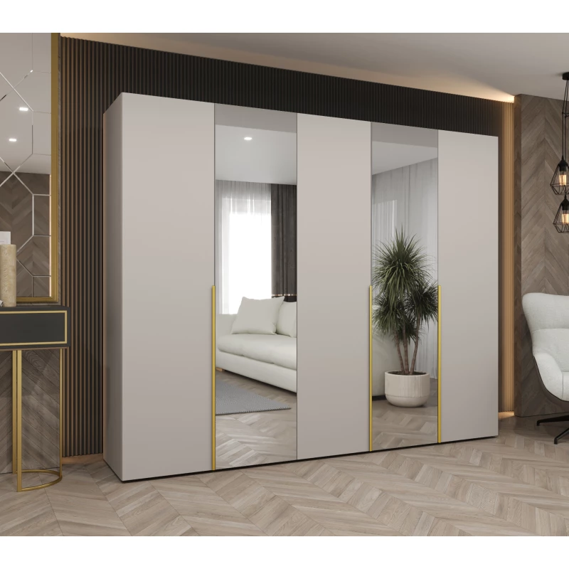 Šatní skříň 250 cm ASUDA se zrcadly - kašmír / zlatá