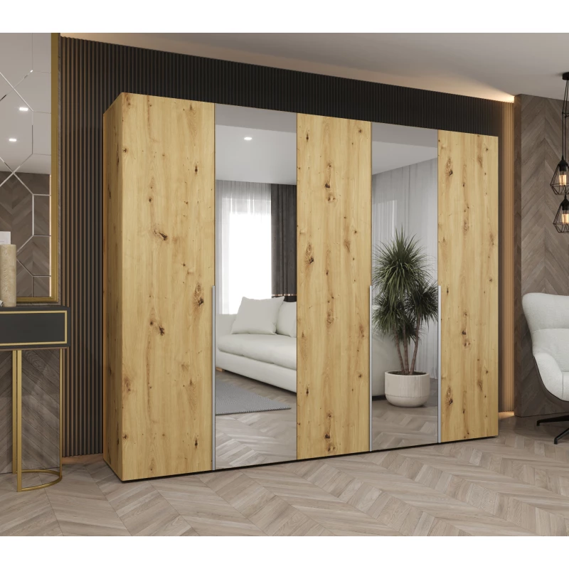 Šatní skříň 250 cm ASUDA se zrcadly - dub artisan / stříbrná
