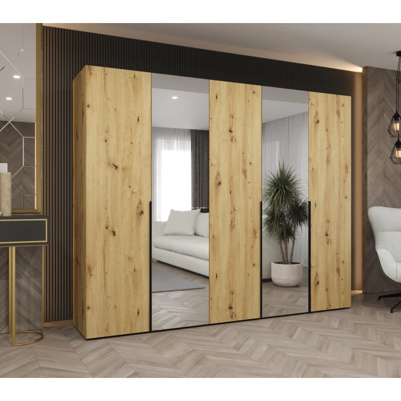 Šatní skříň 250 cm ASUDA se zrcadly - dub artisan / černá