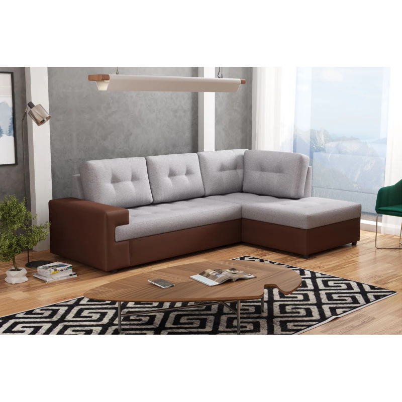 Rohová sedací souprava CAMILLE - hnědá eko kůže / béžová, pravý roh