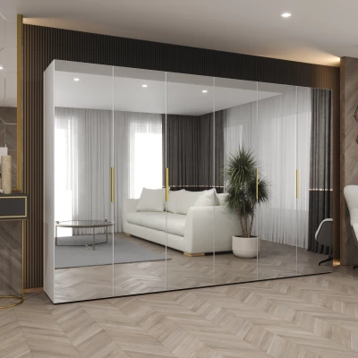 Zrcadlová šatní skříň 300 cm RABIA - bílá / zlatá