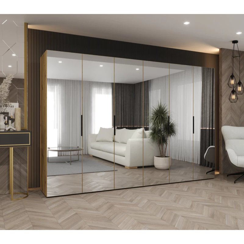 Zrcadlová šatní skříň 300 cm RABIA - dub artisan / černá