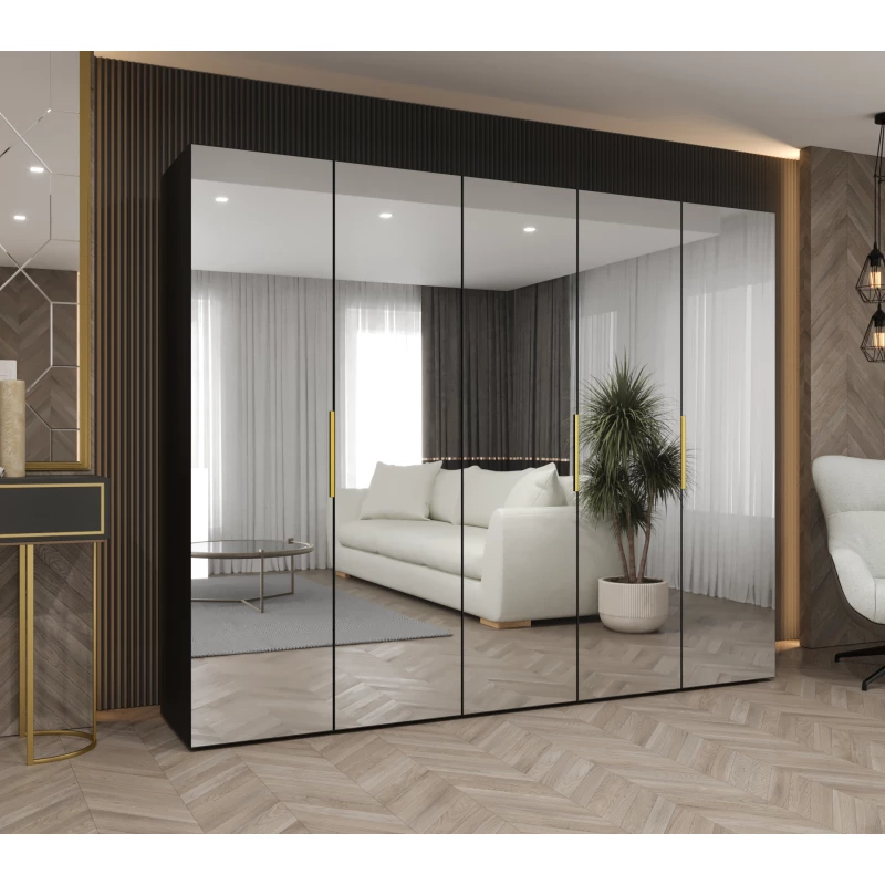 Zrcadlová šatní skříň 250 cm RABIA - černá / zlatá