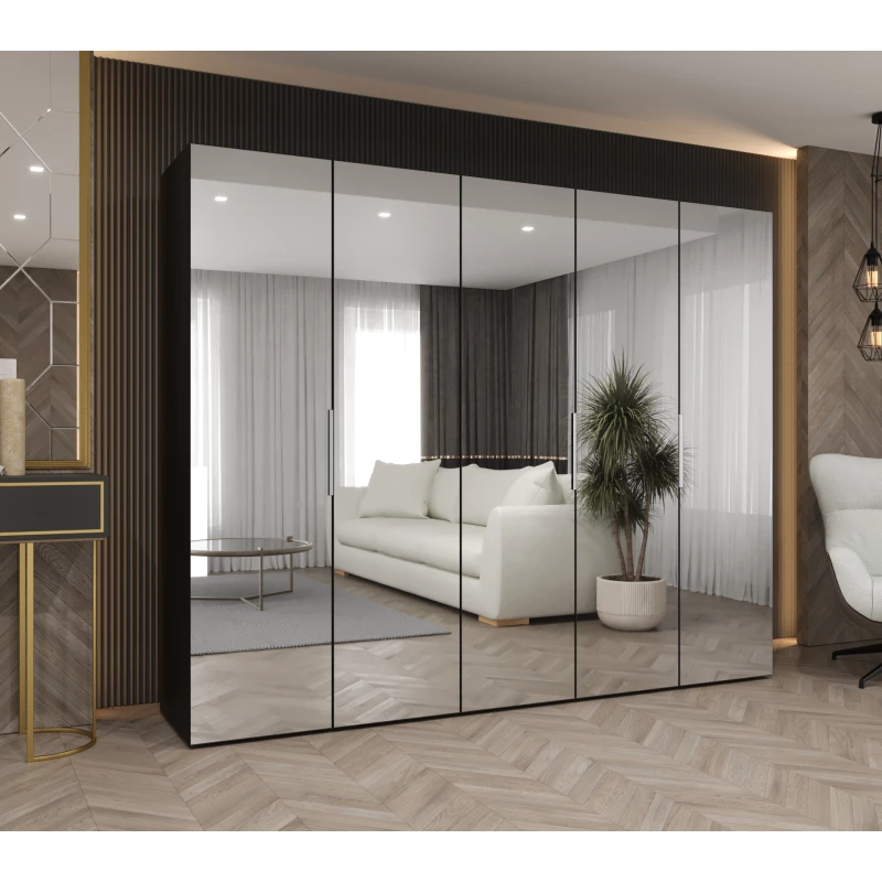 Zrcadlová šatní skříň 250 cm RABIA - černá / stříbrná