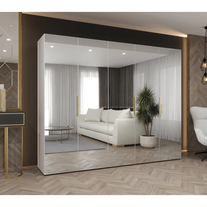 Zrcadlová šatní skříň 250 cm RABIA - bílá / zlatá