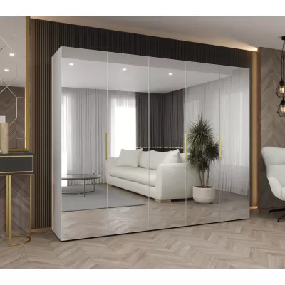 Zrcadlová šatní skříň 250 cm RABIA - bílá / zlatá