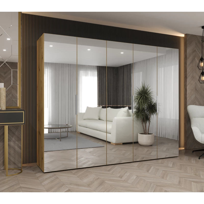 Zrcadlová šatní skříň 250 cm RABIA - dub artisan / stříbrná