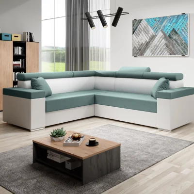 Stylová rozkládací sedačka LEXIA - bílá / tyrkysová, levý roh