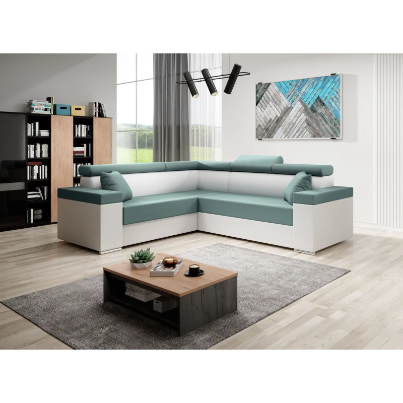 Stylová rozkládací sedačka LEXIA - bílá / tyrkysová, levý roh