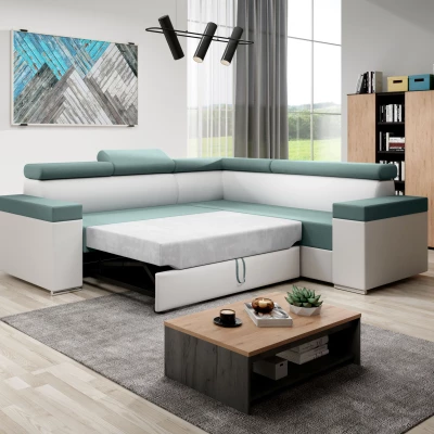 Stylová rozkládací sedačka LEXIA - bílá / tyrkysová, pravý roh