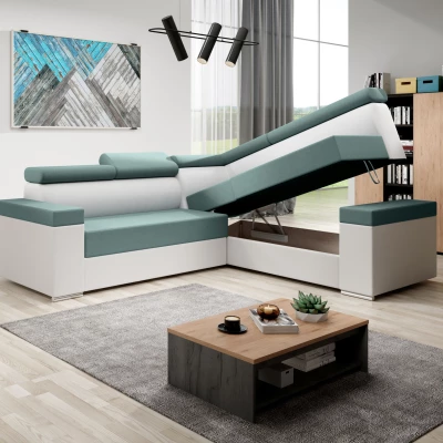 Stylová rozkládací sedačka LEXIA - bílá / tyrkysová, pravý roh