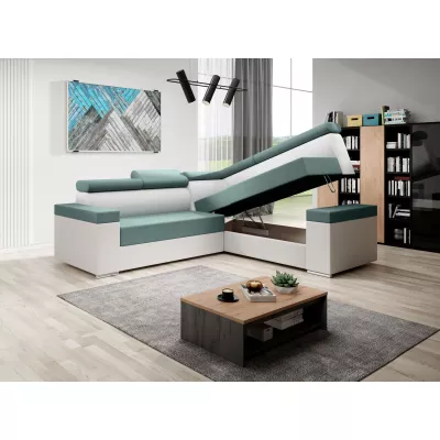 Stylová rozkládací sedačka LEXIA - bílá / tyrkysová, pravý roh