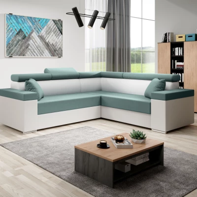 Stylová rozkládací sedačka LEXIA - bílá / tyrkysová, pravý roh