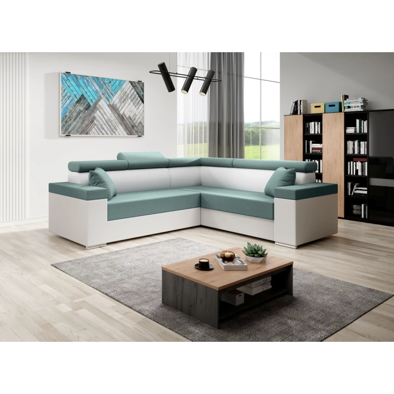 Stylová rozkládací sedačka LEXIA - bílá / tyrkysová, pravý roh