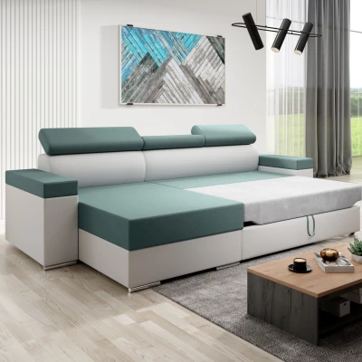 Stylová rozkládací sedačka LEXIA S - bílá / tyrkysová, pravý roh