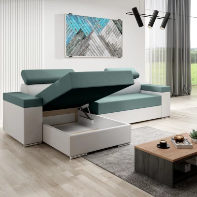 Stylová rozkládací sedačka LEXIA S - bílá / tyrkysová, pravý roh