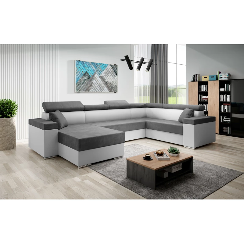 Rozkládací sedací souprava do U LEXIA - bílá / tmavě šedá, pravý roh