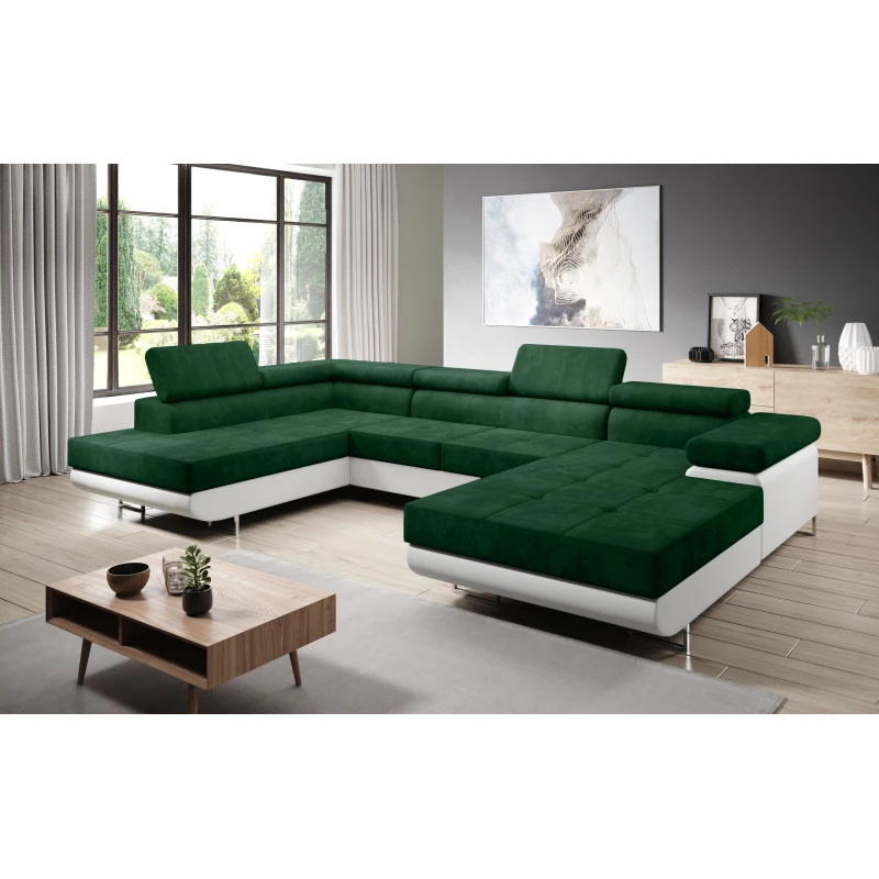 Rozkládací sedací souprava do U PARASKA - bílá / láhvově zelená