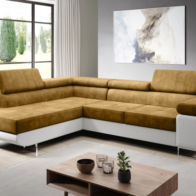 Rozkládací rohová sedačka PARASKA L - bílá / hořčicová, levý roh