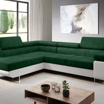 Rozkládací rohová sedačka PARASKA L - bílá / láhvově zelená, levý roh