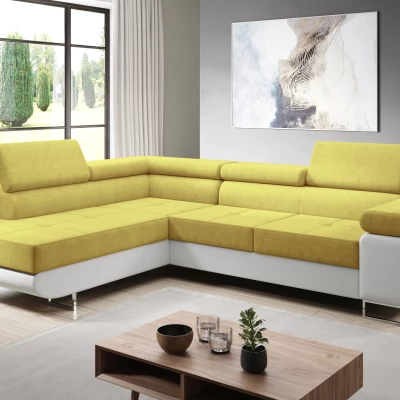 Rozkládací rohová sedačka PARASKA L - bílá / žlutá, levý roh