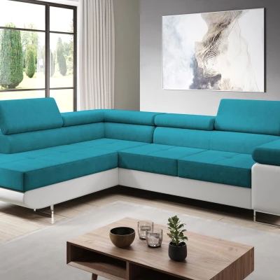 Rozkládací rohová sedačka PARASKA L - bílá / světle modrá, levý roh