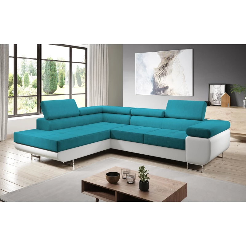 Rozkládací rohová sedačka PARASKA L - bílá / světle modrá, levý roh