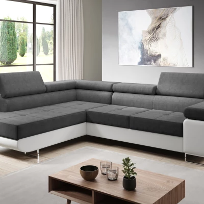 Rozkládací rohová sedačka PARASKA L - bílá / tmavě šedá, levý roh