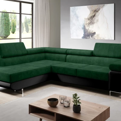 Rozkládací rohová sedačka PARASKA L - černá / láhvově zelená, levý roh