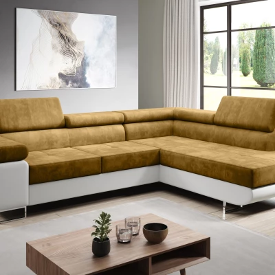 Rozkládací rohová sedačka PARASKA L - bílá / hořčicová, pravý roh