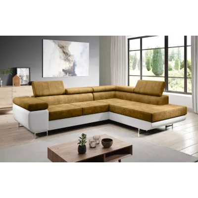 Rozkládací rohová sedačka PARASKA L - bílá / hořčicová, pravý roh