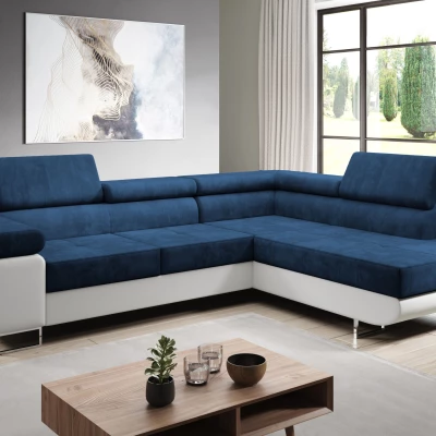 Rozkládací rohová sedačka PARASKA L - bílá / modrá, pravý roh