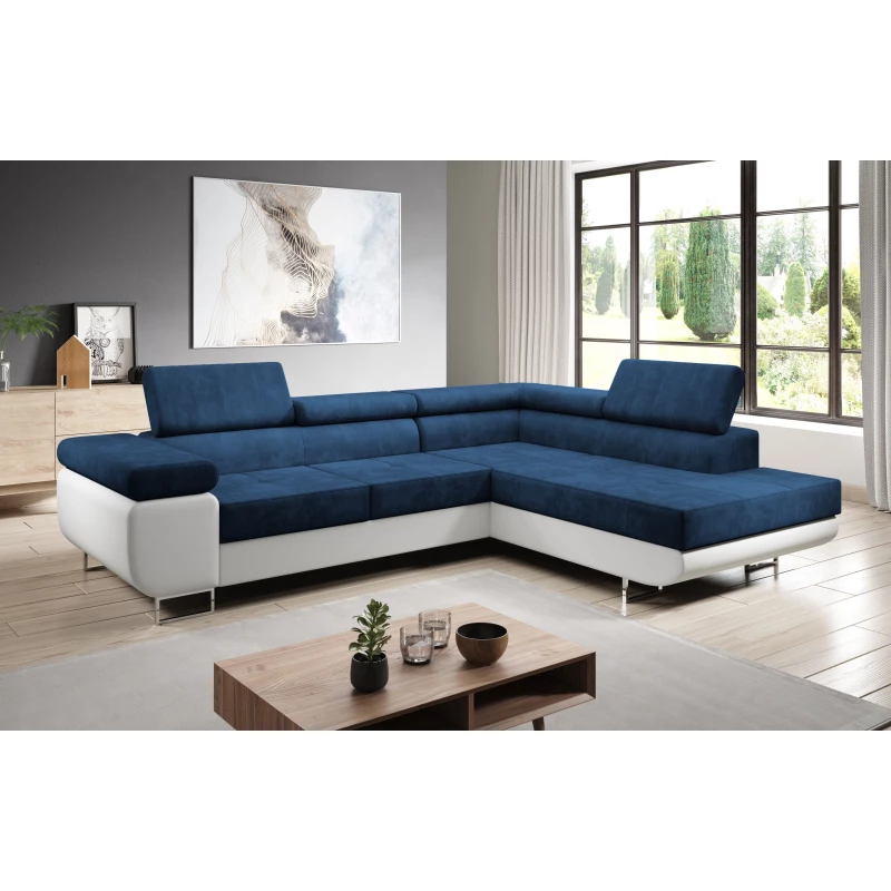 Rozkládací rohová sedačka PARASKA L - bílá / modrá, pravý roh