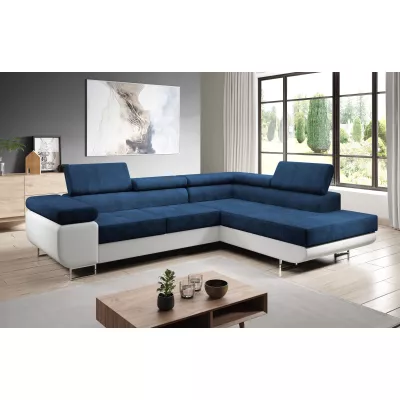 Rozkládací rohová sedačka PARASKA L - bílá / modrá, pravý roh