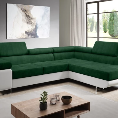 Rozkládací rohová sedačka PARASKA L - bílá / láhvově zelená, pravý roh