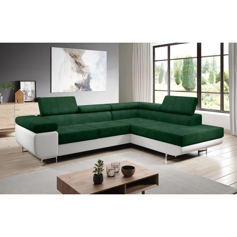 Rozkládací rohová sedačka PARASKA L - bílá / láhvově zelená, pravý roh