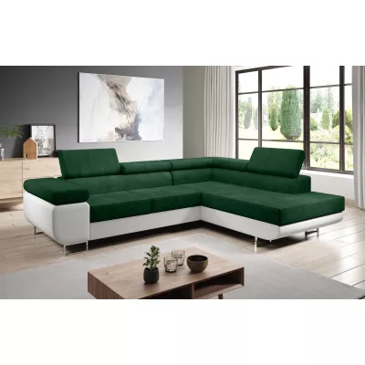 Rozkládací rohová sedačka PARASKA L - bílá / láhvově zelená, pravý roh