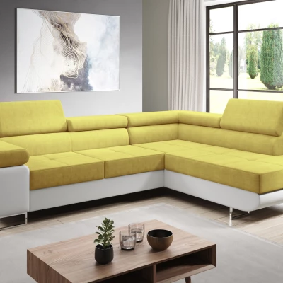 Rozkládací rohová sedačka PARASKA L - bílá / žlutá, pravý roh