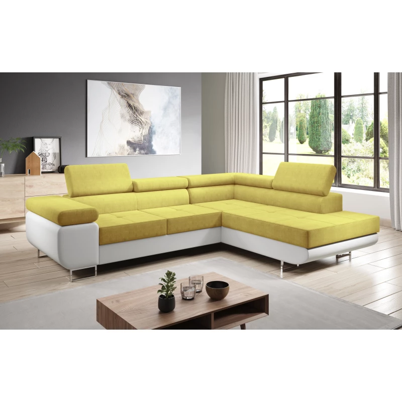 Rozkládací rohová sedačka PARASKA L - bílá / žlutá, pravý roh