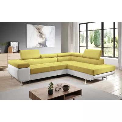 Rozkládací rohová sedačka PARASKA L - bílá / žlutá, pravý roh